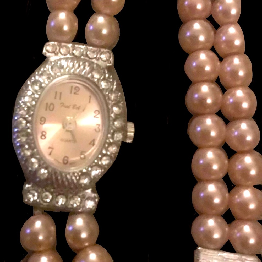 Fred Belay “Pink Pearl Watch” Analog Wristwatch Stretchy Band Bangle Bracelet
